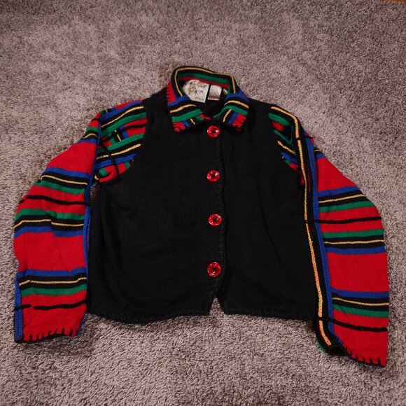 Michael Simon Cardigan Womens Petites Small Black Red Colorful Sleeves Sweater - Picture 1 of 10